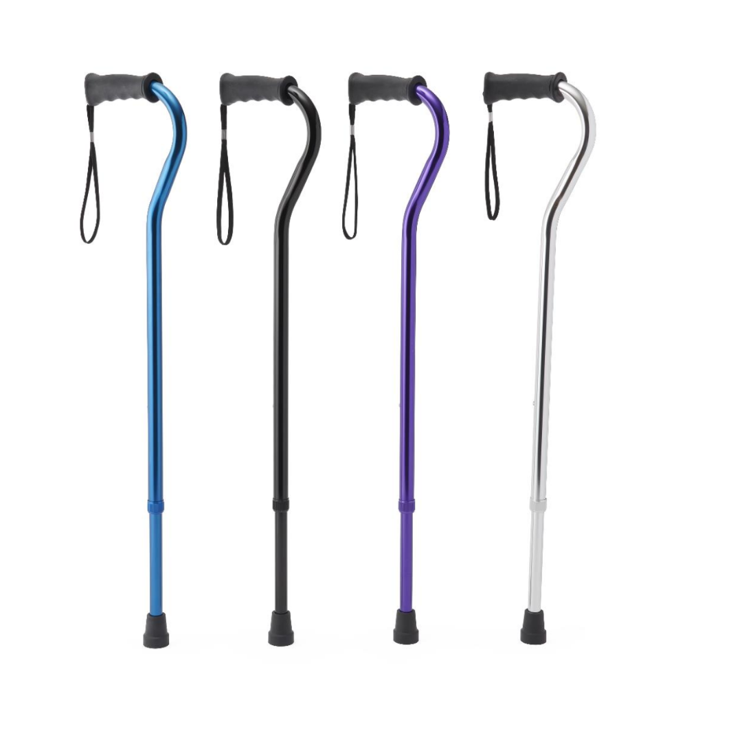 Four Medline Aluminum Offset Canes with Gel Grip, in blue, black, purple, and silver. Each height-adjustable cane includes an ergonomic gel handle, wrist strap, and rubber tip for stability. Displayed on a plain white background.